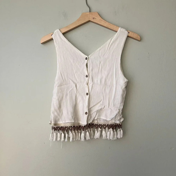 Sleeveless White Crop Top With Tassels‎ & Beads By Lush Noir Size M - Picture 3 of 5